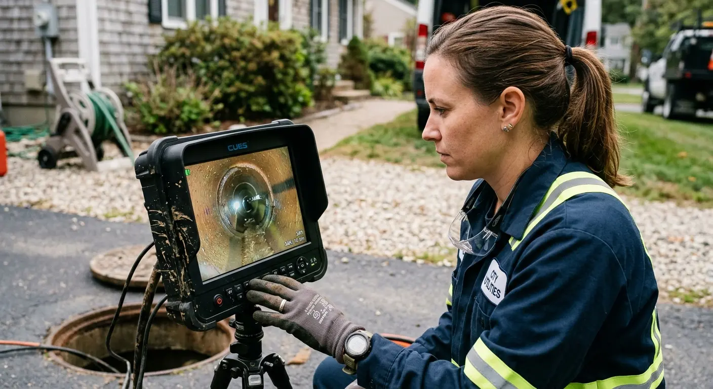 Technician reviewing sewer camera inspection footage in Franklin